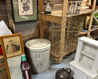 Audibon prints, Paris-de-modes mirror, Coca-Cola thermometer, 10 gallon 2 birch leaf crock, #10 crock lid. (these 2 pcs will be sold separately), child's white toy cupboard, wrought iron designs, bird houses, electrified kerosene lamp and more...