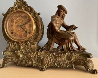 $200 USD       19th Century French Mantel Clock Sculpture w Key JS45-10764     19th Century French Mantel Clock Sculpture. The spelter has been cast with amazing detail then given a patinaed bronze finish, while the clock face and bezel was given a more gold-colored finish for contrast. The base glorifies the naturalistic form with acanthus leaves and floral sprays surrounding the clock dial. This clock is in good working order with original key.
Local Pick up Bethesda, MD.  Contact us for shipper suggestions.
This clock is in good working order with original key. Due to its' age it shows signs of wear commensurate to age and use. Please refer to photos for a more detailed look at condition. We make every attempt to list and photograph any defects or signs of wear that are significant to this sale.      https://goodbyhello.com/products/19th-century-french-mantel-clock-sculpture-in-good-working-condition-with-key-js?_pos=1&_sid=f80e9815e&_ss=r