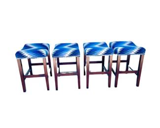$200 USD      Set of 4 Custom Blue Aztec Upholstered / Wood Counter Stools AS110-1     Description: Stunning set of four custom bar stools made from solid American hardwood and vibrant antique kilim rugs. Stylish sophisticated and out of ordinary, these multi-purpose bar stools which will add dimension, color and style to your decor. 

Dimensions: 27"H x 17" x 21" 

Condition:  Excellent.  Not used. 

LOCAL PICK UP GERMANTOWN, MD.  Shipping suggestions available upon request.     https://goodbyhello.com/products/set-of-4-custom-blue-aztec-upholstered-wood-counter-stools-as110-1?_pos=1&_sid=cfa0117da&_ss=r