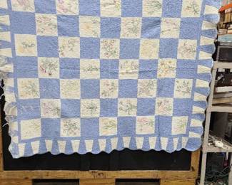 Quilt with scalloped edges (damaged) and embroidery squares 81 x 69