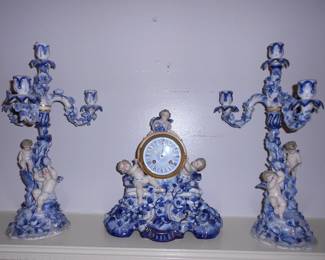 Tiffany & Co./Sitzendorf Mantel Clock and candelabra (3 piece)