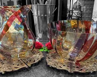 Glass Pitcher Bowl With MultiColored Ribbons Thru Glass 