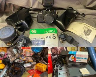 Fujica AX5 35MM Film Camera,Autostrob 300 Projector, Screen  Much More