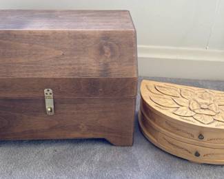 Handcarved Floral Jewelry Box And Wooden Chest 