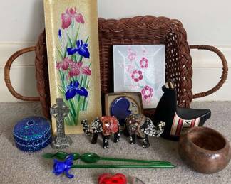 Japanese Cloissone Dishes, Ceramic Llama, Glass Flowers