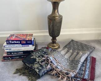 Brass Vase,handmaded Table Runners And Vintage Travel Books 