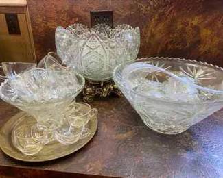 Hollywood Regency Style Pressed Glass Punch Bowl Sets