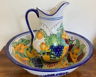 Handpainted Mexican Pitcher And Wash Bowl