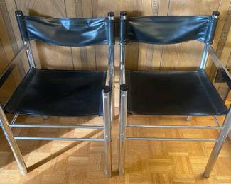 Pair Mid Centry Modern Chrome Vinyl Arm Chairs