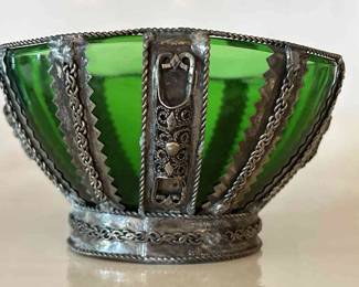 Glass Bowl w Metal Wire Filigree Overlay
