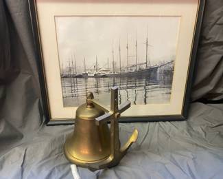 Brass Nautical Bell Framed BW Print Of Sailboats