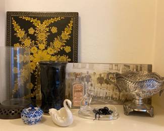 Lenox Swan, Silver Tone Dish, Antique Photo And Floral Art Panel