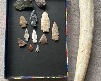 Fossilized Horn And Stone Arrowheads 