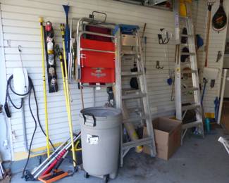 Assorted garage items, ladders