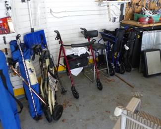 Assorted garage items, walkers, wheel chairs