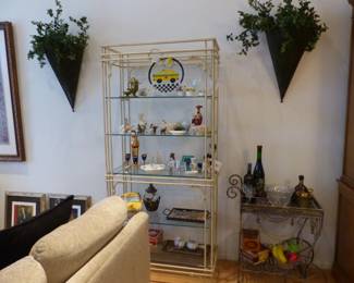 Metal etagere, pair of metal wall vases, metal bar cart