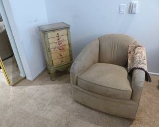 Barrel swivel chair, jewelry armoire