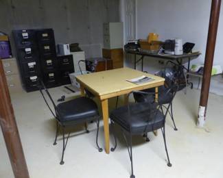 4 wrought iron chairs, vintage table