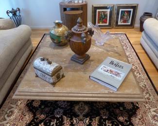 Travertine coffee table, bricabrac