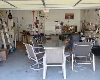 Garage, tools, ladders, outdoor table & 6 chairs, chaise lounge