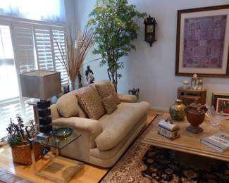 Neutral loveseat, chrome & glass nesting/side tables