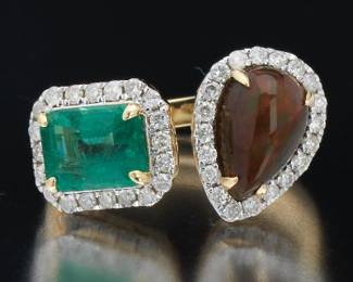 Moi et Toi Opal, Emerald and Diamond Ring 