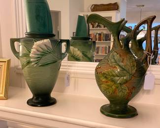 Two more Roseville pottery vases and Roseville pattern booklet.