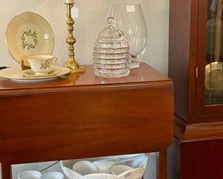 Drop leaf cart.  Milk glass punch bowl and ladle.