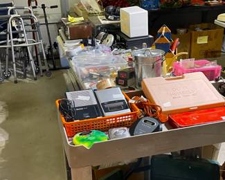 Very clean Rubbermaid utility cart, vintage metal tackle boxes, complete dorm tool kits, folding wheelchair, walking aids.