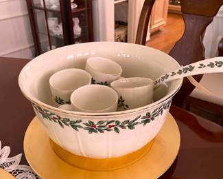 Vintage Baum Brothers Holiday Punch Bowl, eight cups and ladle. Holly Berry pattern.