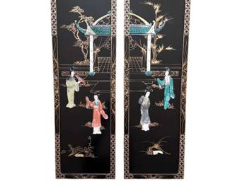 Vintage Asian Black Lacquer Pagoda Panel Pair