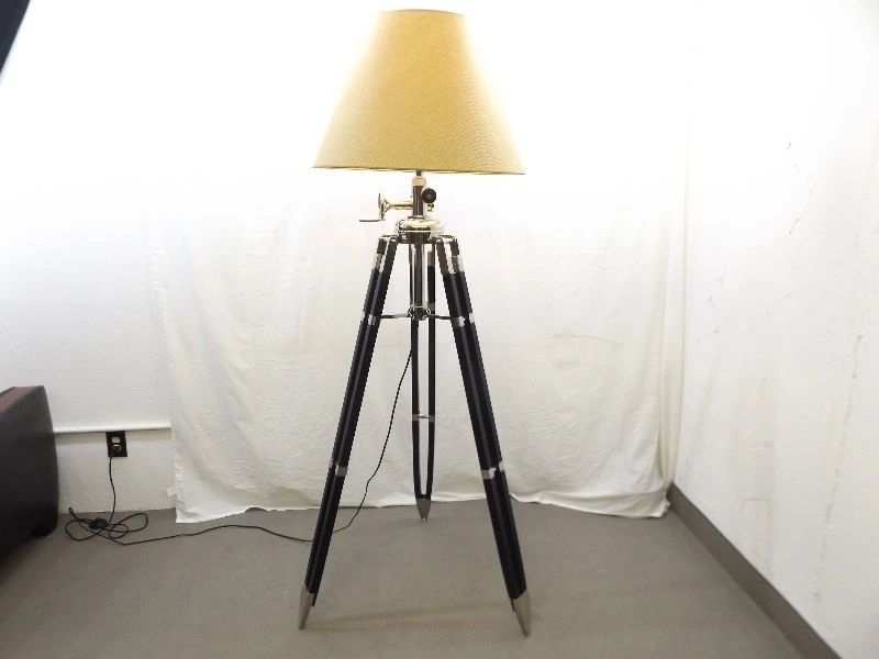 Newer Large WORKING Royal Marine Tripod Chrome and Wood Floor Lamp