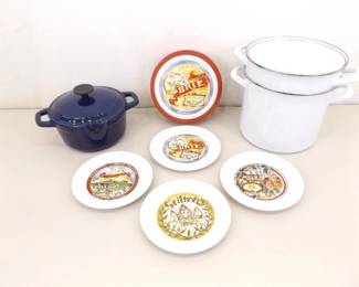 Martha Stewart Cast Iron Enamel Dutch Oven, Noodle Cooker/Strainer and Cheese Plates
