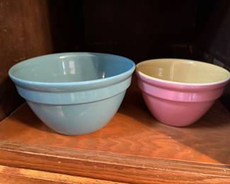 Pair of Vintage HALL Mixing Bowls! Light Blue, and Pink with Creamy Yellow Interior. 