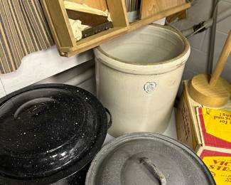 Enameled canning pots with inserts! The strainer is complete in its original box! Sauerkraut crock and shredder! 