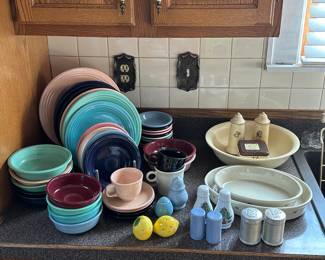 A nice assortment of vintage Fiesta, Roseville and Faltsgraff! Plus A HUGE collection of everyday kitchen ware! 