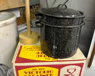 Enameled canning pots with inserts! The strainer is complete in its original box! Sauerkraut crock and shredder! 