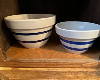 Two Vintage Crock/Bowls Pottery Double Blue Stripes. R.R.P. Co. Roseville, USA. 