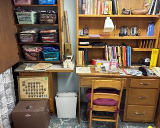 Basement office! Excellent maple desk and chair, Two metal file cabinets and shelves filled with  fabric! 