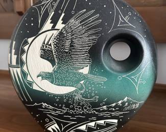 1993 Large K Yazzie Navajo Signed Eagle and Moon Pottery Vase Sculpture 14"x13"