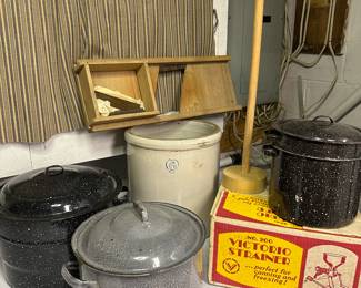 Enameled canning pots with inserts! The strainer is complete in its original box! Sauerkraut crock and shredder! 