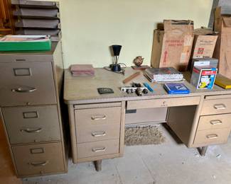 Filing cabinet and metal desk