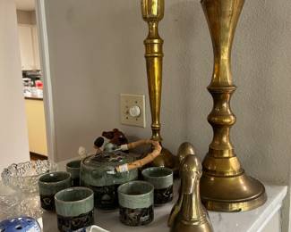  BRASS ALTAR CANDLE HOLDER(SOLD) , BRASS CANDLE HOLDER (SOLD), BOOKENDS(SOLD),   ,, DELFT SHOE,  VINTAGE SOMAYAKI JAPANESE TEA SET (SOLD)