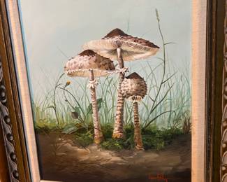 "Mushrooms" oil on16 x 20  canvas Joyce Ritchey (Texas) in a vintage Mexican frame $400.