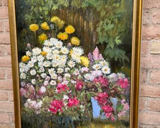 Large colorful painting  signed P.J. Moore lower right. measures 45 x 34" in frame 
