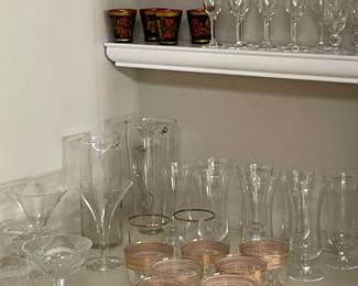 Culver "Gold bands" bar ware, midcentury glassware,  Russian vintage enameled Tea Glasses with Cloissonne holders $50.