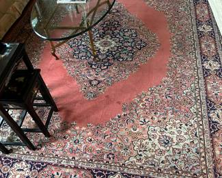 Vintage Turkish fringed rug, mauve and cobalt blue wool & cotton 10' x 7.1 $500.
