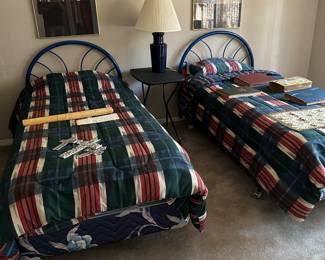 Mid-Mod Damaris steel tube twin beds includes headboard frame mattress box spring and bedding  (one sold, one available ) $150 complete.