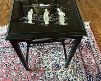 1 of 3  black lacquer Chinoiserie Nesting tables with glass inserts