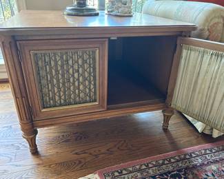 Pair of Pecan Hollywood Regency Crossbanded 2 Door end Tables Cabinet top measures 30 x 30 and 21" H 